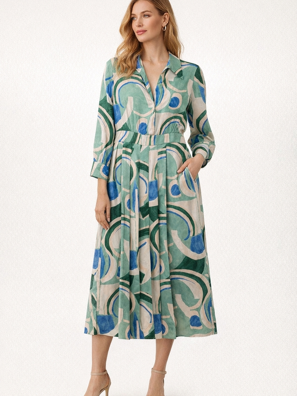 Zara Green, Blue & Cream Abstract Midi Shirt Dress